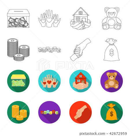 A pile of coins for donations, colored cubes with an inscription, a handshake, a bag of money for 42672959