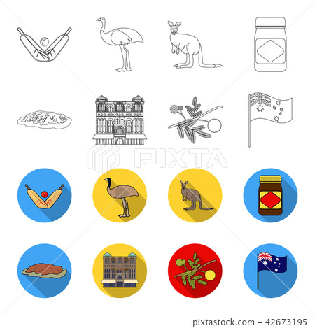 The palace of Queen Victoria, Mount Uluru, a flower of a mimosa, a national flag.Australia set The palace of Queen Victoria, Mount Uluru, a flower of a mimosa, a national flag.Australia set 42673195