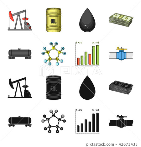 Railway tank, chemical formula, oil price chart, pipeline valve. Oil set collection icons in black 42673433
