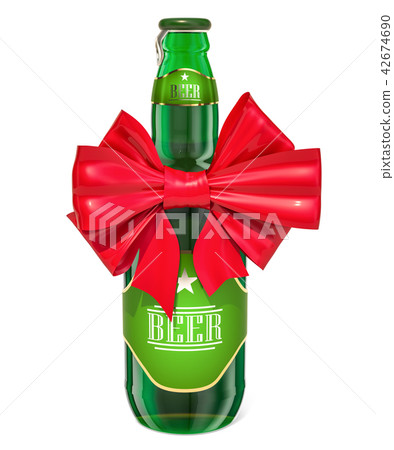 Beer bottle with red bow, 3D rendering 42674690
