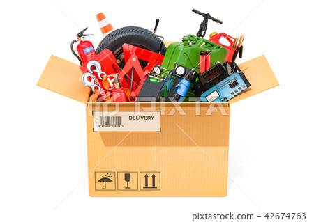 Cardboard box with car tools, equipment Cardboard box with car tools, equipment 42674763
