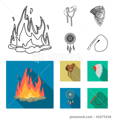 Saddle, Indian mohawk, whip, dream catcher.Wild west set collection icons in outline,flat style Saddle, Indian mohawk, whip, dream catcher.Wild west set collection icons in outline,flat style 42675836