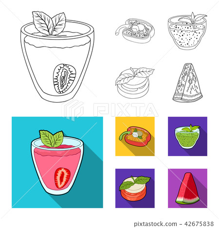 Sweet Bulgarian pepper, vitamin drink, jam with raspberry and mint leaves, a piece of watermelon 42675838