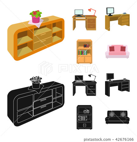 A shelf with a flower, a desk with a computer and a lamp ,a table with a monitor and a book, a 42676166