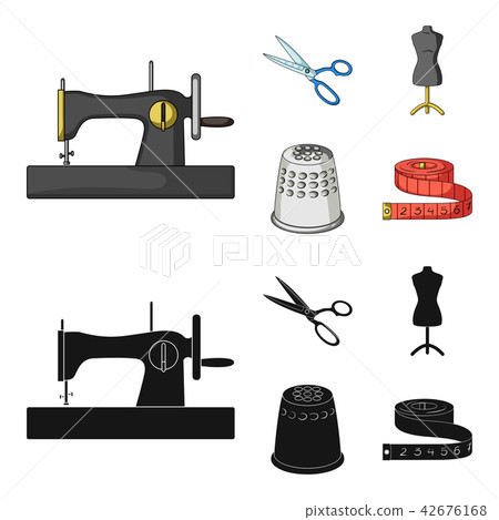 Manual sewing machine, scissors, maniken, thimble.Sewing or tailoring tools set collection icons in Manual sewing machine, scissors, maniken, thimble.Sewing or tailoring tools set collection icons in 42676168