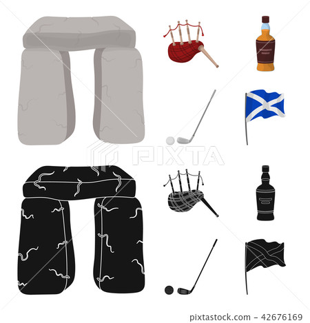 Stone monument, bagpipe, whiskey, golf. Scotland country set collection icons in cartoon,black style Stone monument, bagpipe, whiskey, golf. Scotland country set collection icons in cartoon,black style 42676169