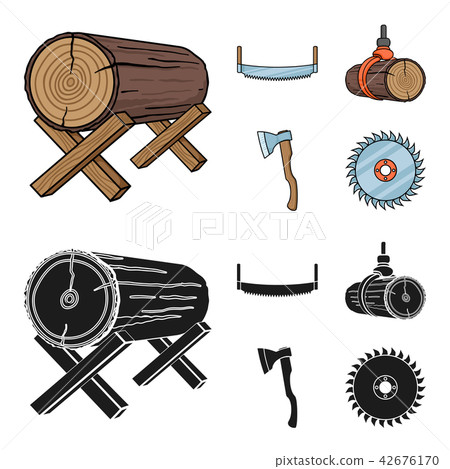 Log on supports, two-hand saw, ax, raising logs. Sawmill and timber set collection icons in cartoon Log on supports, two-hand saw, ax, raising logs. Sawmill and timber set collection icons in cartoon 42676170