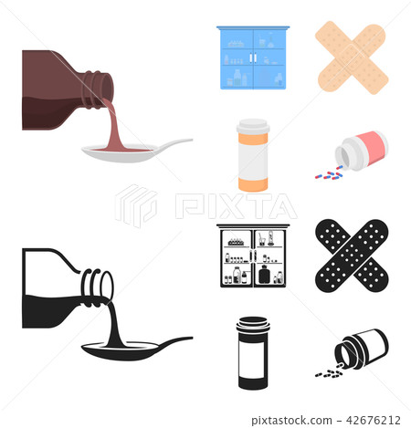 Syrup in a spoon, plaster, honey, medical cabinet.Medicine set collection icons in cartoon,black Syrup in a spoon, plaster, honey, medical cabinet.Medicine set collection icons in cartoon,black 42676212