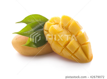 Mango fruit with mango cubes and slices. Mango fruit with mango cubes and slices. 42679072