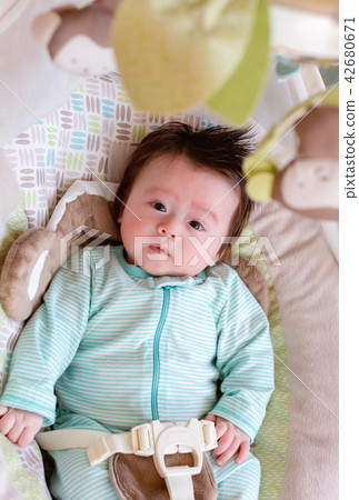 Newborn baby boy sitting in his swing Newborn baby boy sitting in his swing 42680671