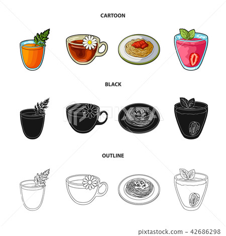 Carrot juice in a glass, chamomile tea in a cup, porridge on a plate, strawberry juice in a glass Carrot juice in a glass, chamomile tea in a cup, porridge on a plate, strawberry juice in a glass 42686298