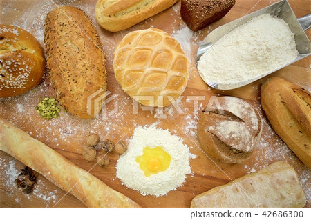 Many mixed breads on the table, shot from above Many mixed breads on the table, shot from above 42686300