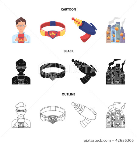 Man, young, glasses, and other web icon in cartoon,black,outline style. Superman, belt, gun icons in Man, young, glasses, and other web icon in cartoon,black,outline style. Superman, belt, gun icons in 42686306