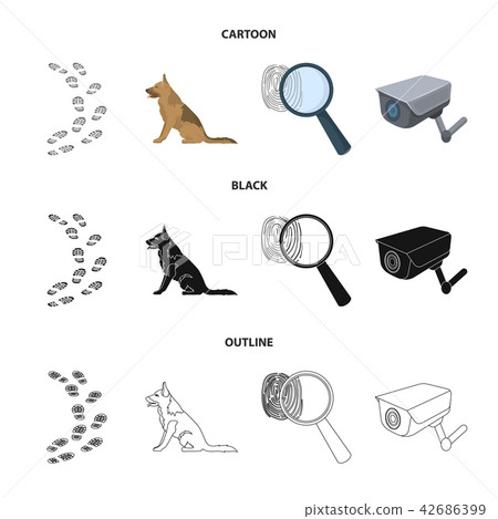 Traces on the ground, service shepherd, security camera, fingerprint. Prison set collection icons in 42686399