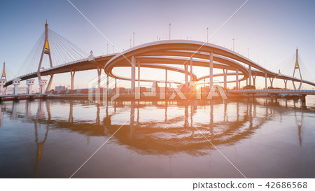Panorama twin suspension bridge reflection Panorama twin suspension bridge reflection 42686568