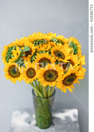 Bouquet of yellow sunflowers , flower in vase on old vintage table. Room morning. Gray background 42686753