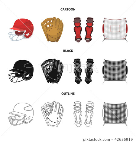 Helmet protective, knee pads and other accessories. Baseball set collection icons in cartoon,black Helmet protective, knee pads and other accessories. Baseball set collection icons in cartoon,black 42686919