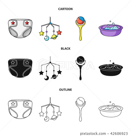 Children diapers, a toy over the crib, a rattle, a children bath. Baby born set collection icons in 42686923