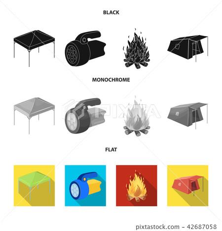 Awning, fire and other tourist equipment.Tent set collection icons in black, flat, monochrome style 42687058