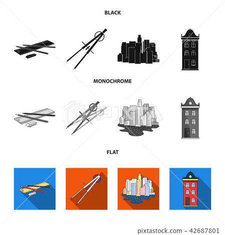 Drawing accessories, metropolis, house model. Architecture set collection icons in black, flat 42687801