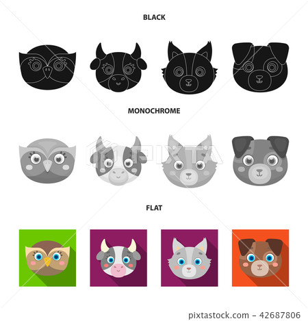 Owl, cow, wolf, dog. Animal muzzle set collection icons in black, flat, monochrome style vector 42687806