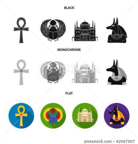 Anubis, Ankh, Cairo citadel, Egyptian beetle.Ancient Egypt set collection icons in black, flat Anubis, Ankh, Cairo citadel, Egyptian beetle.Ancient Egypt set collection icons in black, flat 42687807