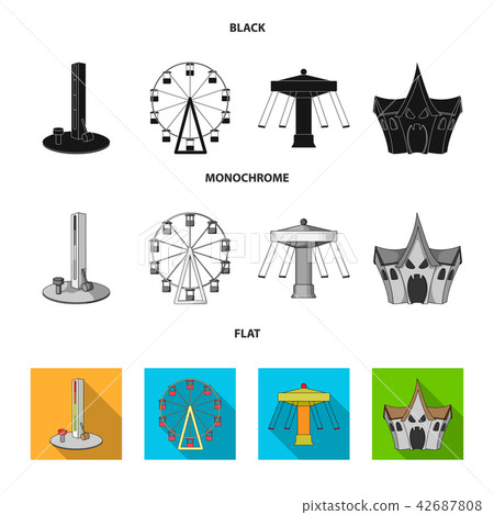 The device with a bat for measuring strength, a ferris wheel, a carousel, a house with windows The device with a bat for measuring strength, a ferris wheel, a carousel, a house with windows 42687808