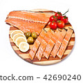 fresh red fish fillet on plate with vegetables 42690240