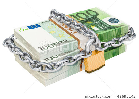 Euro packs with padlock and chain, 3d rendering Euro packs with padlock and chain, 3d rendering 42693142