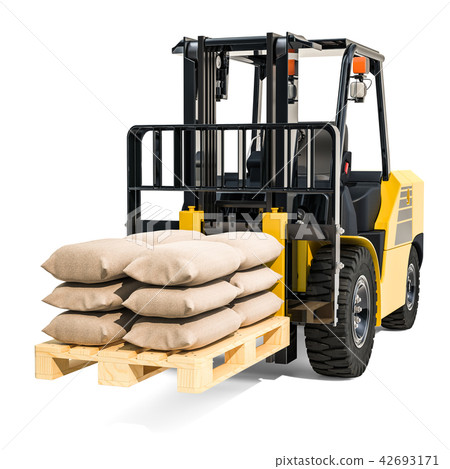 Forklift truck with sacks, 3D rendering Forklift truck with sacks, 3D rendering 42693171