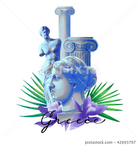 Venus de Milo statues, ancient column and flowers Venus de Milo statues, ancient column and flowers 42693797