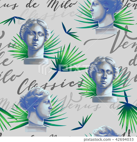 Design with Venus de Milo sculptures, palm leaves and script Design with Venus de Milo sculptures, palm leaves and script 42694033
