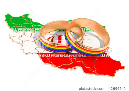 Iranian map with LGBT rainbow rings, 3D rendering 42694241