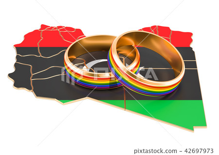 Libyan map with LGBT rainbow rings, 3D rendering Libyan map with LGBT rainbow rings, 3D rendering 42697973
