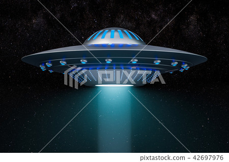 Light beam from flying UFO in space. 3D rendering Light beam from flying UFO in space. 3D rendering 42697976