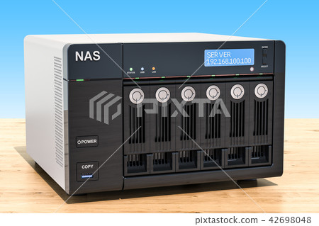 NAS with six disks on the wooden table 42698048