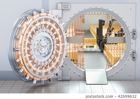 Open Bank Vault with golden ingots and forklift - Stock Illustration ...