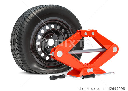 插圖素材: puncture car wheel with screwjack, 3d rendering 查看