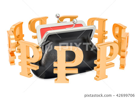 Purse with ruble symbols around, 3D rendering 42699706
