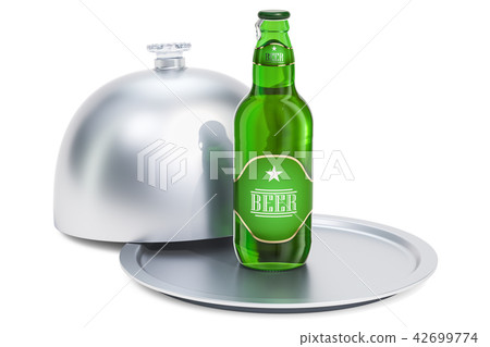 Restaurant cloche with beer bottle, 3D rendering 42699774