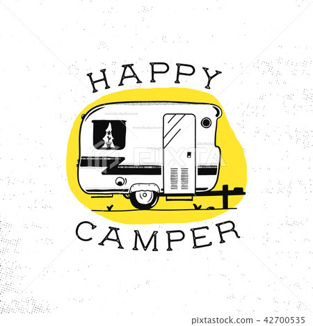 Mobile recreation. Happy Camper trailer in sketch silhouette style. Vintage hand drawn camp rv Mobile recreation. Happy Camper trailer in sketch silhouette style. Vintage hand drawn camp rv 42700535