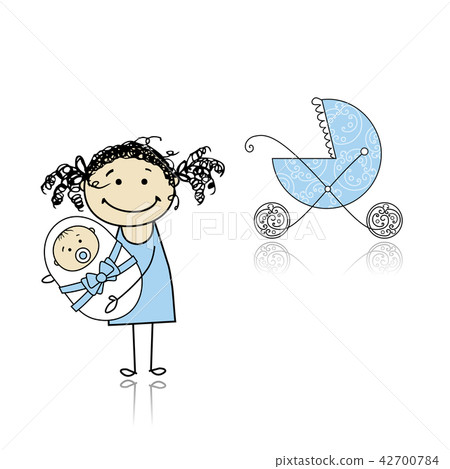Mother walking with buggy, newborn baby Mother walking with buggy, newborn baby 42700784
