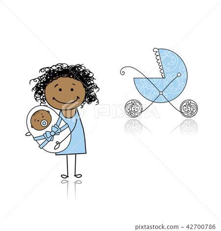 Mother walking with buggy, newborn baby Mother walking with buggy, newborn baby 42700786