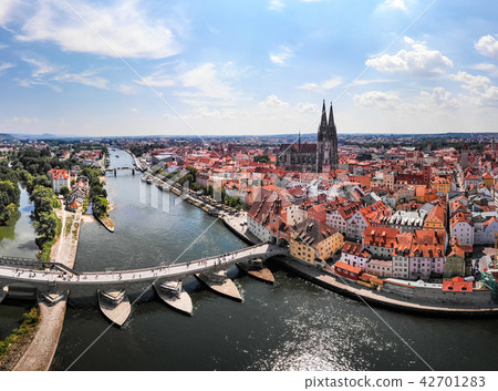 Aerial photography of Regensburg city, Germany. Danube river, architecture, Regensburg Cathedral and 42701283