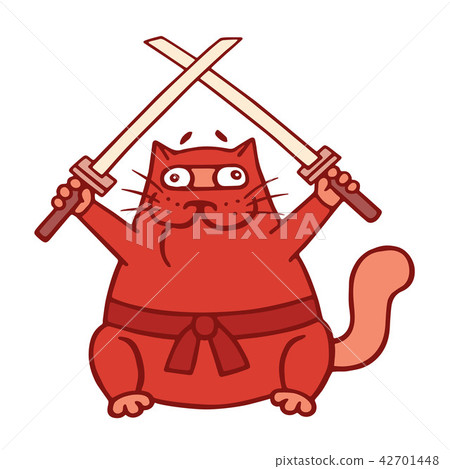 Fat red ninja cat with two crossed swords. Vector 42701448