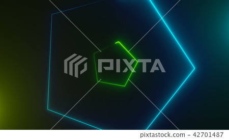 Many neon triangles in space, abstract computer generated backdrop, 3D render 42701487