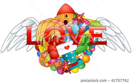 Cartoon hand drawn doodles love heart with wings Cartoon hand drawn doodles love heart with wings 42707762