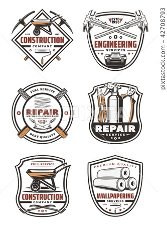 Construction company retro badge with repair tool Construction company retro badge with repair tool 42708793