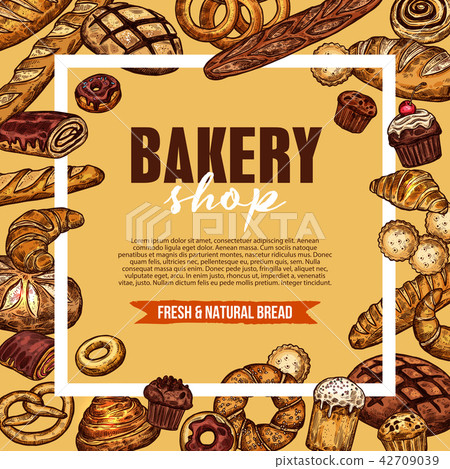Bakery shop sketch poster with fresh bread frame - Stock Illustration ...