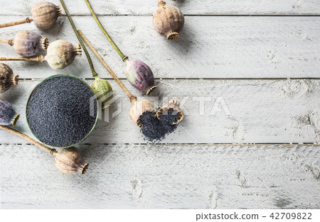 Poppy seed with their heads on wooden boards 42709822